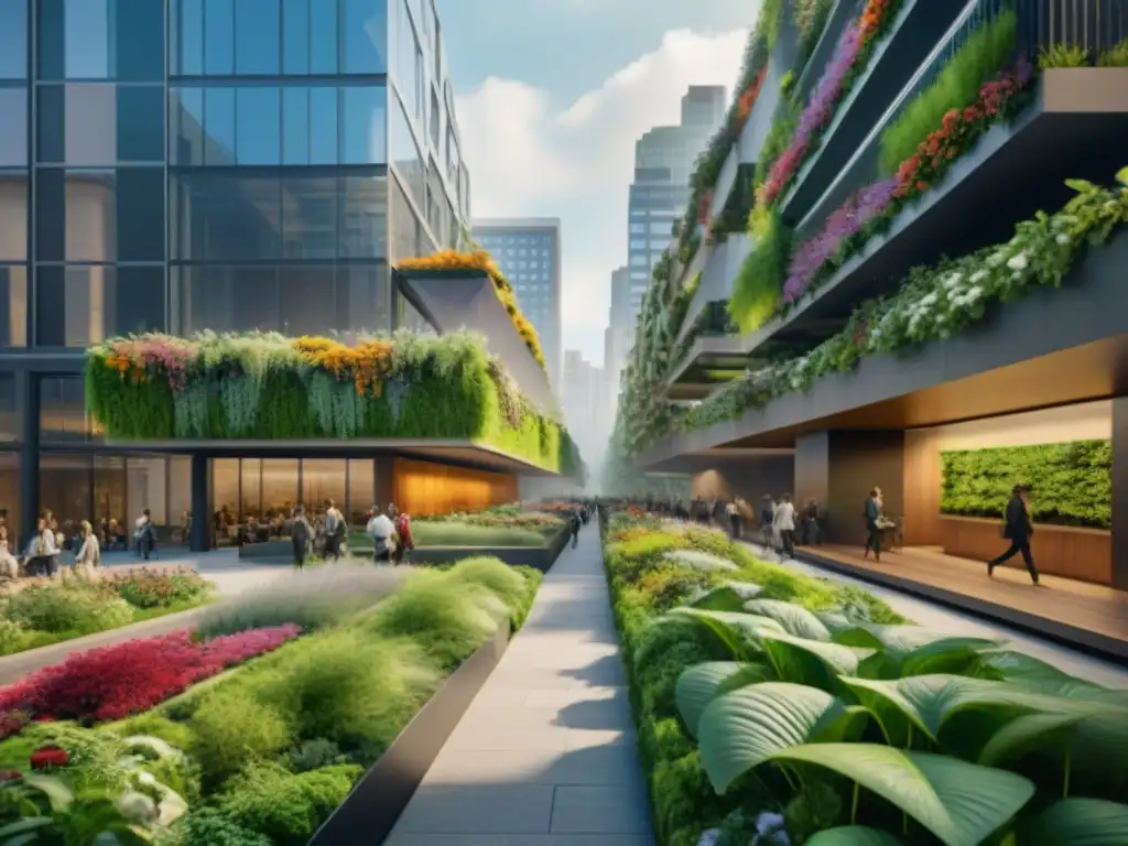 Transformación urbana: Ciudad verde fusionada con naturaleza Una ciudad sostenible transformada por el Diseño Biofílico: calles verdes, jardines colgantes y parques en azoteas