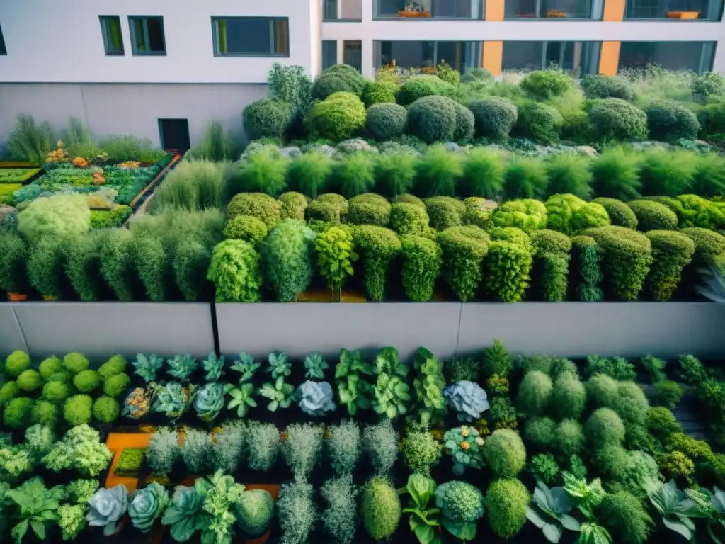 Una ciudad urbana transformada en un oasis verde, con jardines verticales, huertos comunitarios y calles arboladas