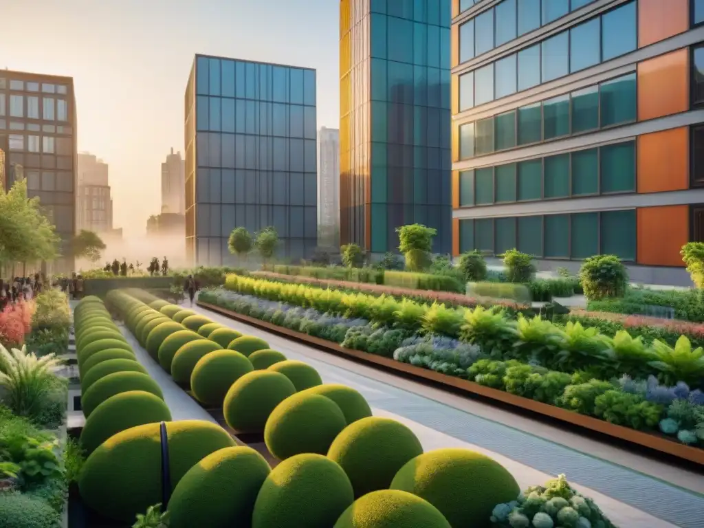 Una ciudad vibrante con arquitectura verde en comunidades urbanas, fusionando naturaleza y modernidad en un escenario lleno de vida a la hora dorada