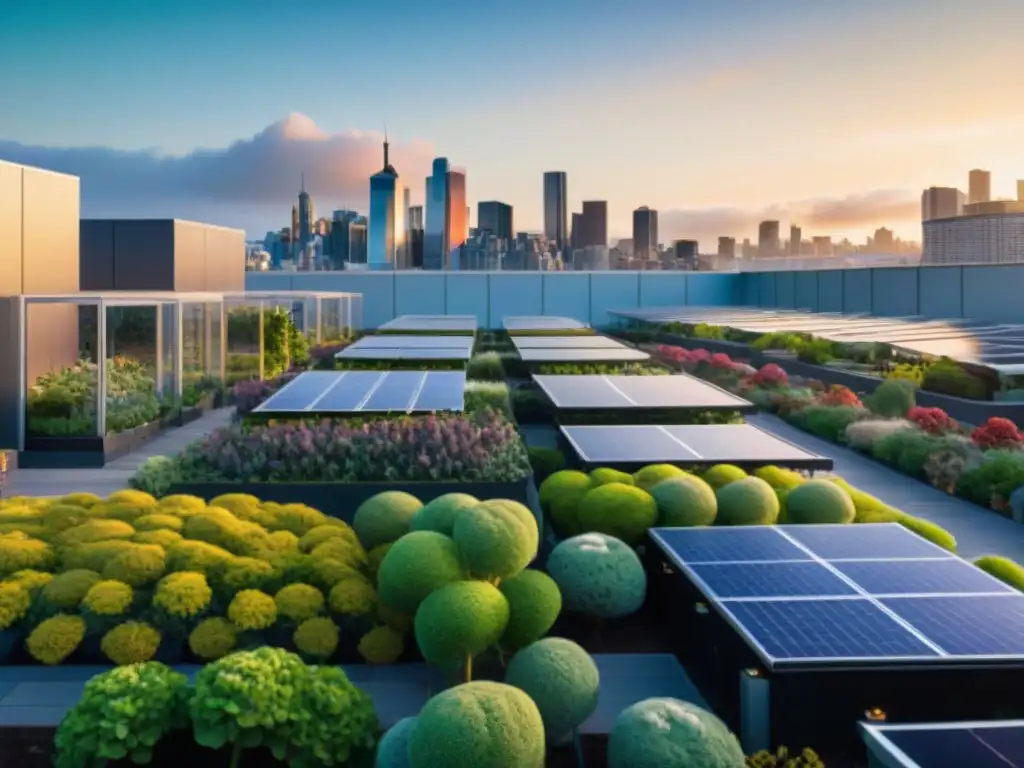 Una ciudad vibrante al atardecer con edificios energéticamente eficientes y jardín en la azotea