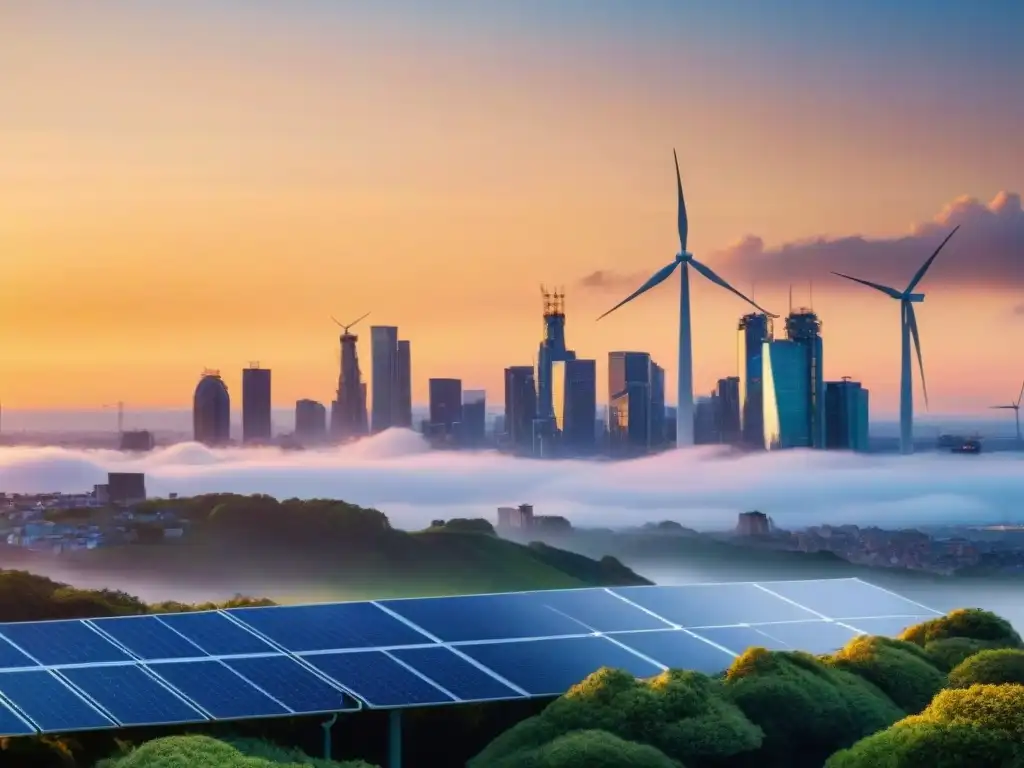 Ciudad vibrante al atardecer con energía renovable para futuro sostenible