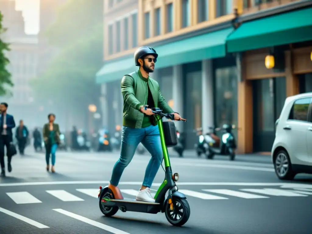 Una ciudad vibrante llena de diversidad, con personas de todas las edades y culturas deslizándose en patinetes eléctricos