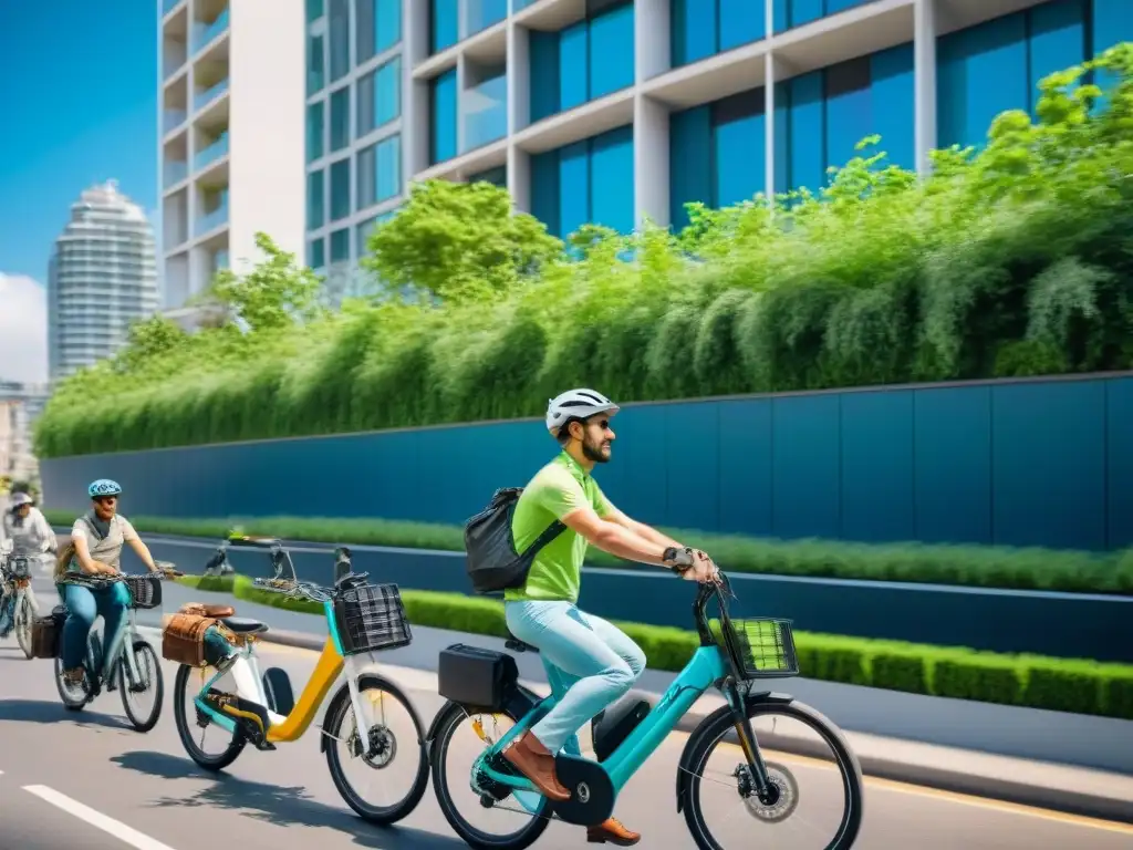 Una ciudad vibrante y sostenible con personas de todas las edades montando bicicletas eléctricas en comunidades verdes