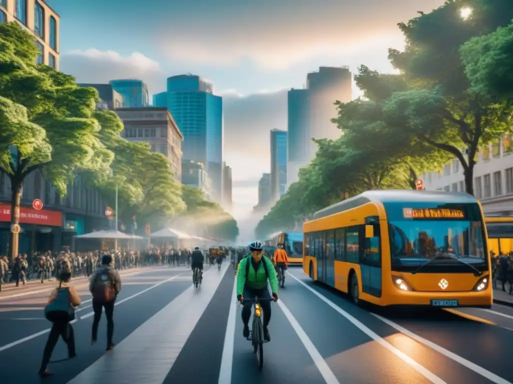 Ciudad vibrante con transporte sostenible y huella ecológica, personas y bicicletas junto a autobuses eléctricos bajo árboles altos