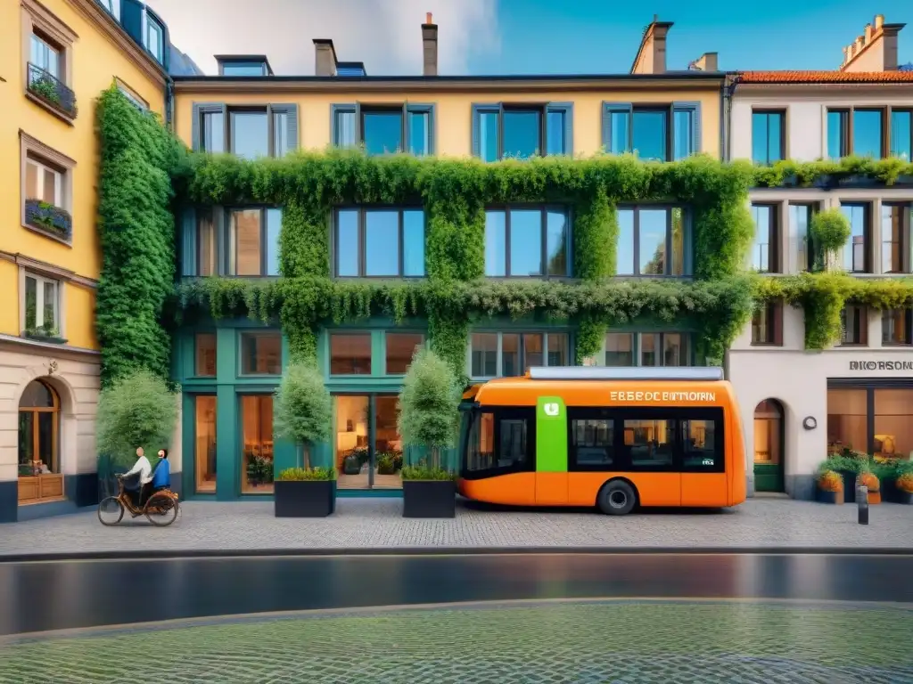 Ciudades europeas hospedaje sostenible: Calles vibrantes con hoteles ecofriendly y jardines en azoteas