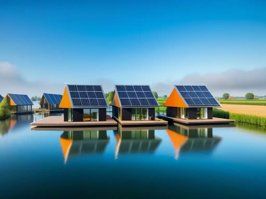 Cluster de casas flotantes de diseño sostenible en Países Bajos, con arquitectura moderna y ecoamigable, en paisaje holandés pintoresco