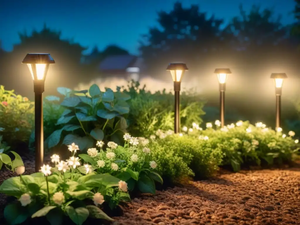 Clúster de luces solares LED iluminando un exuberante jardín de noche, respetando la belleza natural