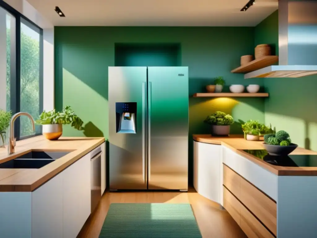 Una cocina ecoamigable con electrodomésticos modernos y eficientes, donde una familia cocina junta, reflejando un estilo de vida sostenible