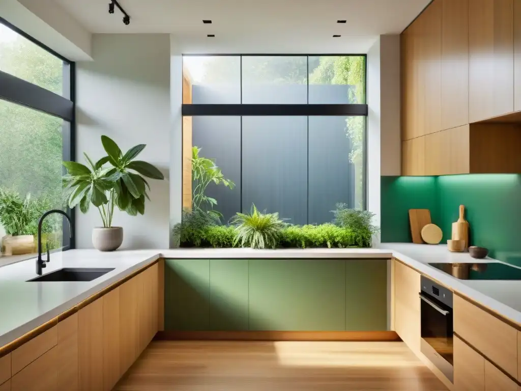 Cocina ecológica y moderna: renovación sostenible y elegante Una cocina moderna y ecológica con electrodomésticos eficientes, suelos de bambú y mucha luz natural