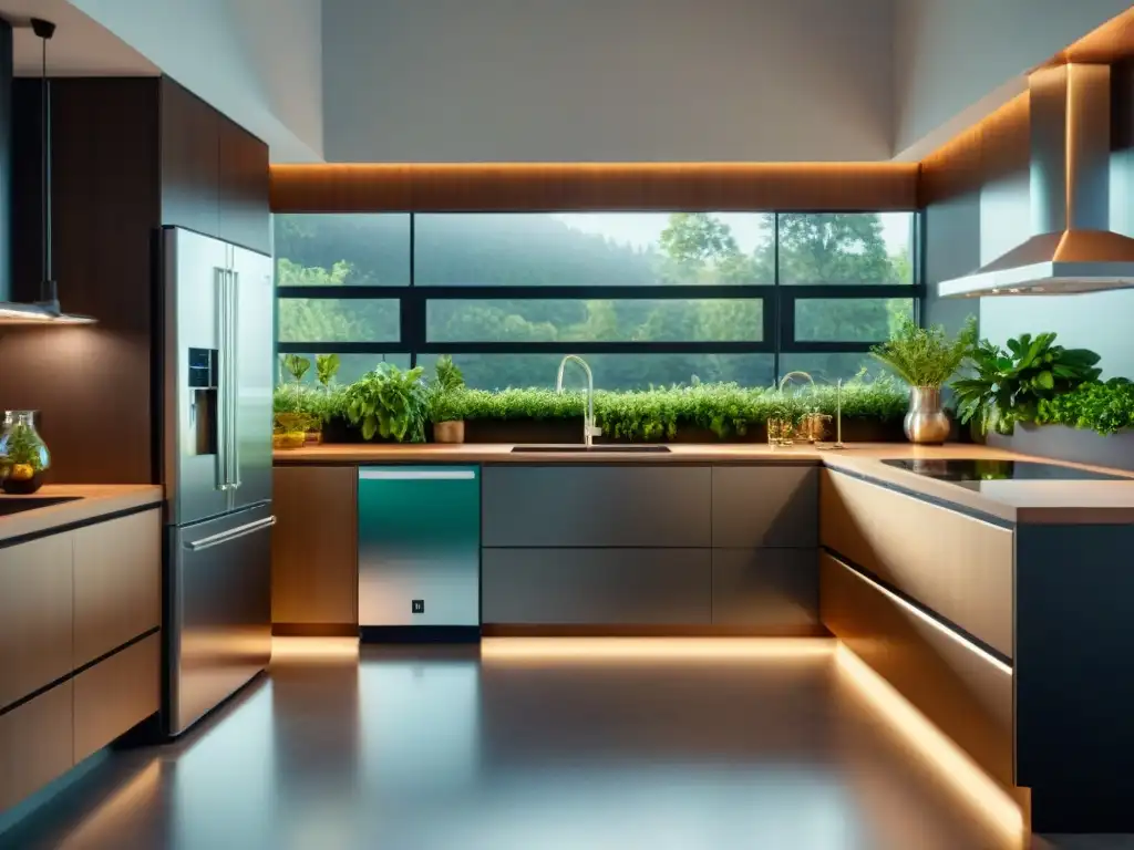 Cocina moderna con electrodomésticos eficiencia energética y diseño elegante, rodeada de plantas verdes y luz natural