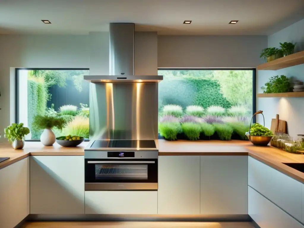 Cocina moderna con electrodomésticos eficientes para hogares sostenibles, bañada en luz natural y con un jardín de hierbas