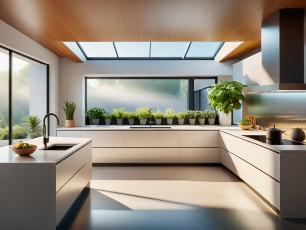 Cocina ecológica: Tecnología eficiente y sostenible Cocina moderna con electrodomésticos sostenibles y energía solar