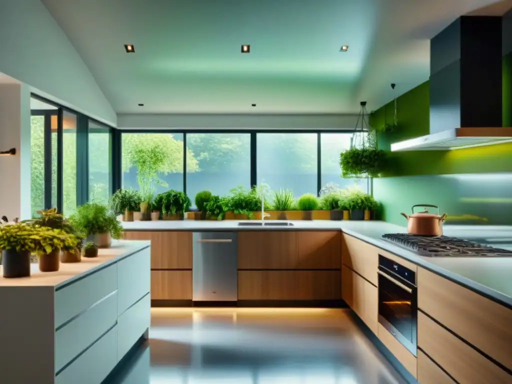 Cocina moderna y sostenible con electrodomésticos eficientes Una cocina moderna con energía solar, electrodomésticos eficientes y sostenibles, iluminada por la luz del sol