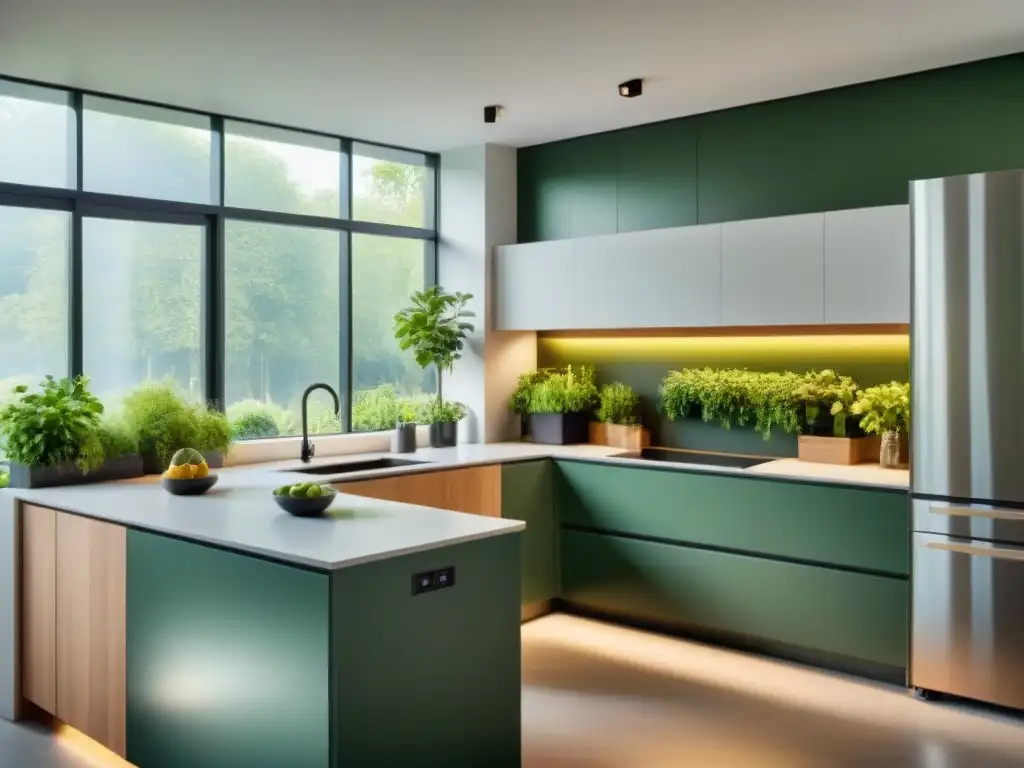 Cocina moderna en vivienda verde con electrodomésticos eco amigables en uso