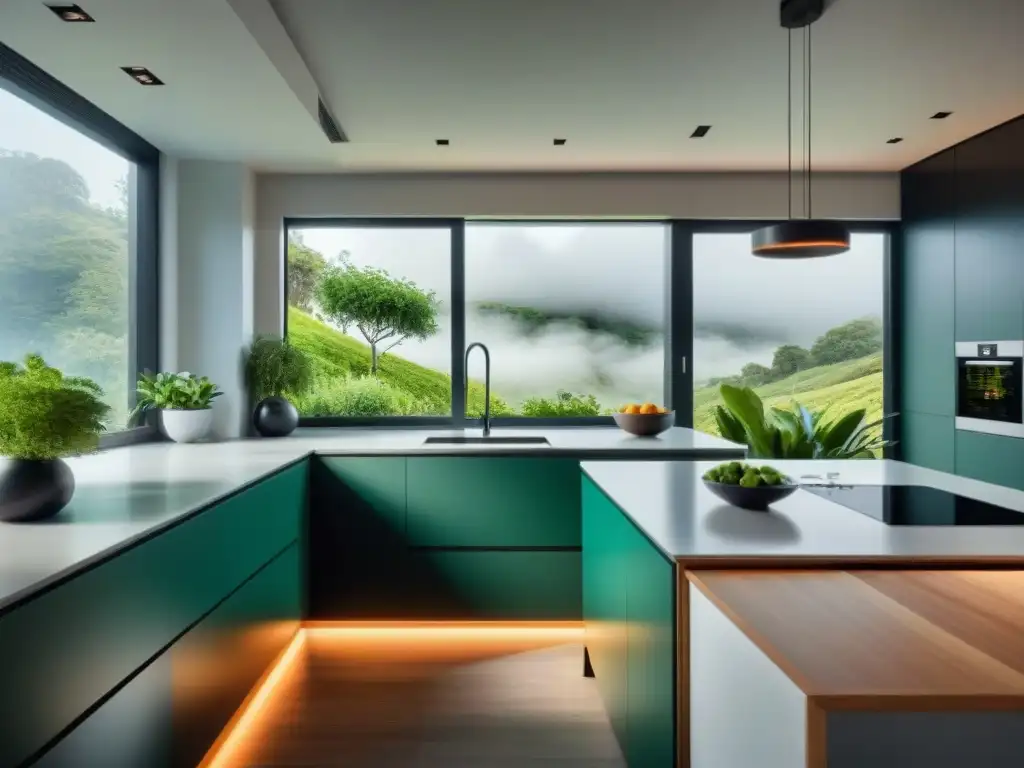 Cocina sostenible y moderna con elementos eco, plantas y luz natural