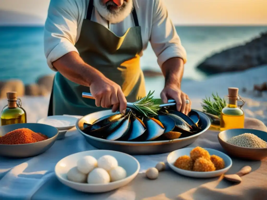 Cocinero griego preparando pescado fresco en playa al atardecer