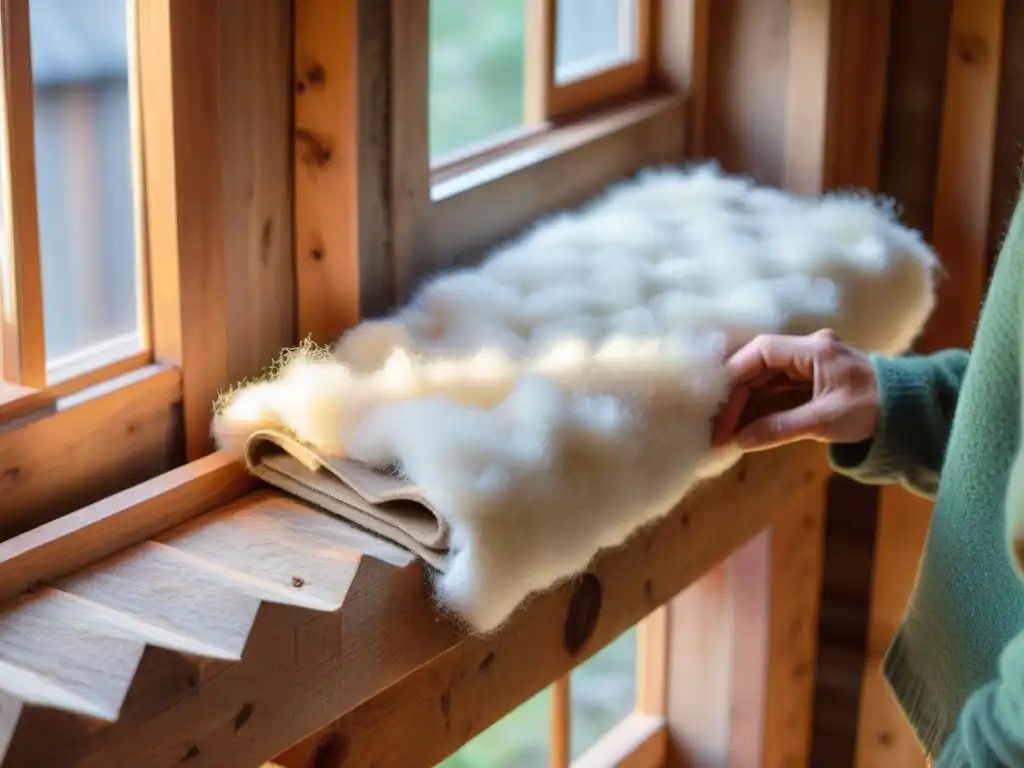 Colocación de aislamiento ecológico con materiales naturales en construcción sostenible