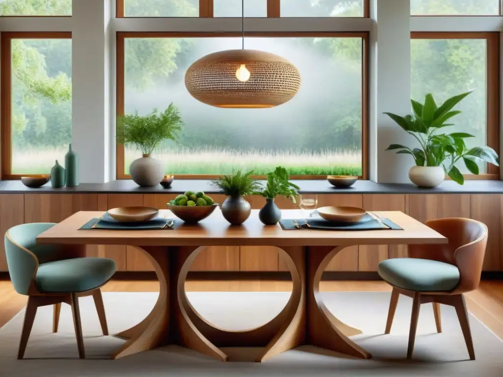 Un comedor sostenible con mesa de madera y sillas ecofriendly, decorado con elegante vajilla y vegetación fresca en un hogar moderno