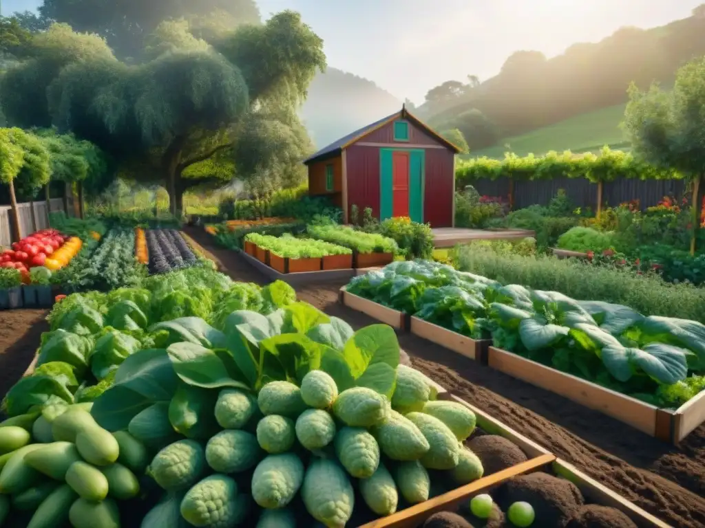 Un jardín comestible sostenible y estético, lleno de frutas y verduras coloridas, organizadas en camas elevadas de madera