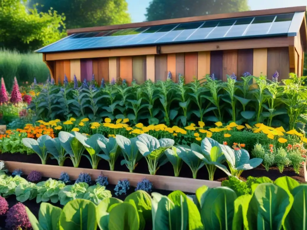 Un jardín comestible sostenible y estético lleno de vida, coloridas hortalizas, hierbas y flores, con una cabaña rústica y árboles frutales