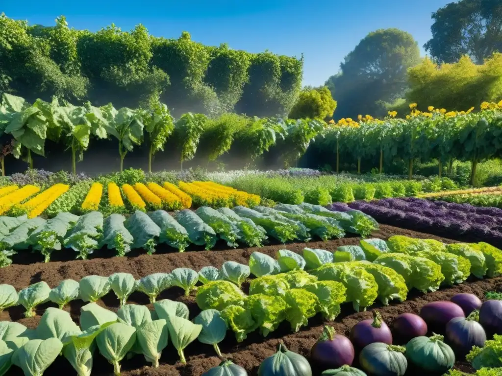 Un jardín comestible sostenible y estético, rebosante de frutas y verduras coloridas, con abejas y mariposas polinizando las flores, reflejando armonía y belleza