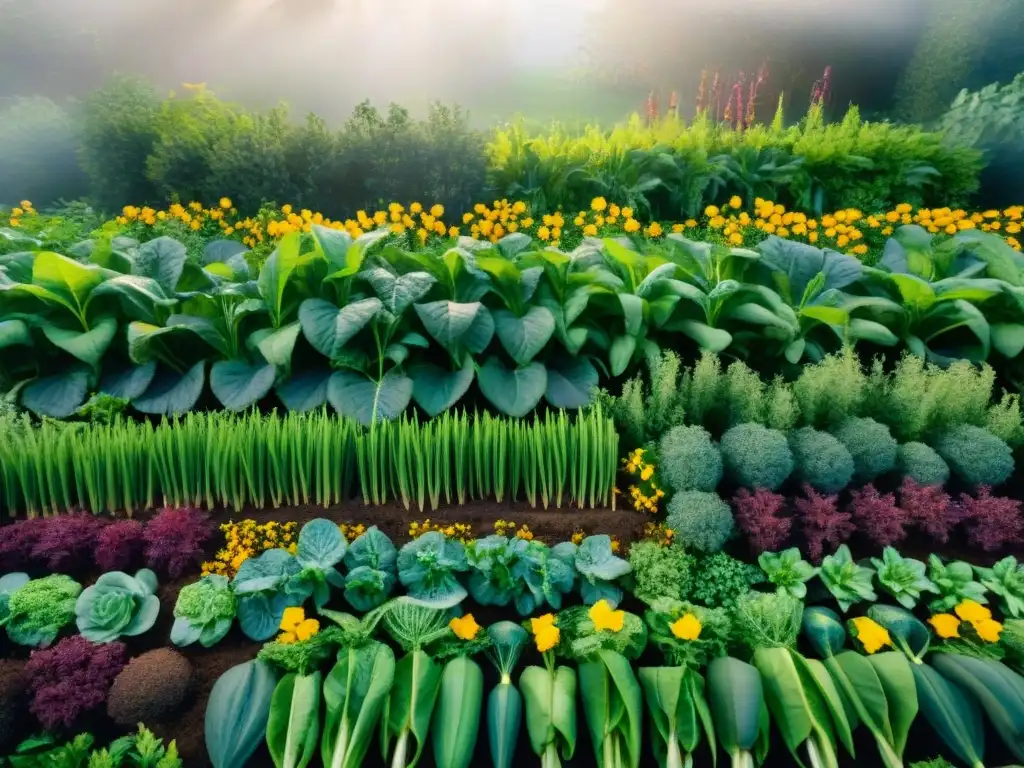 Un jardín comestible sostenible y estético rebosante de vida y coloridas frutas y verduras, con patrones geométricos armoniosos