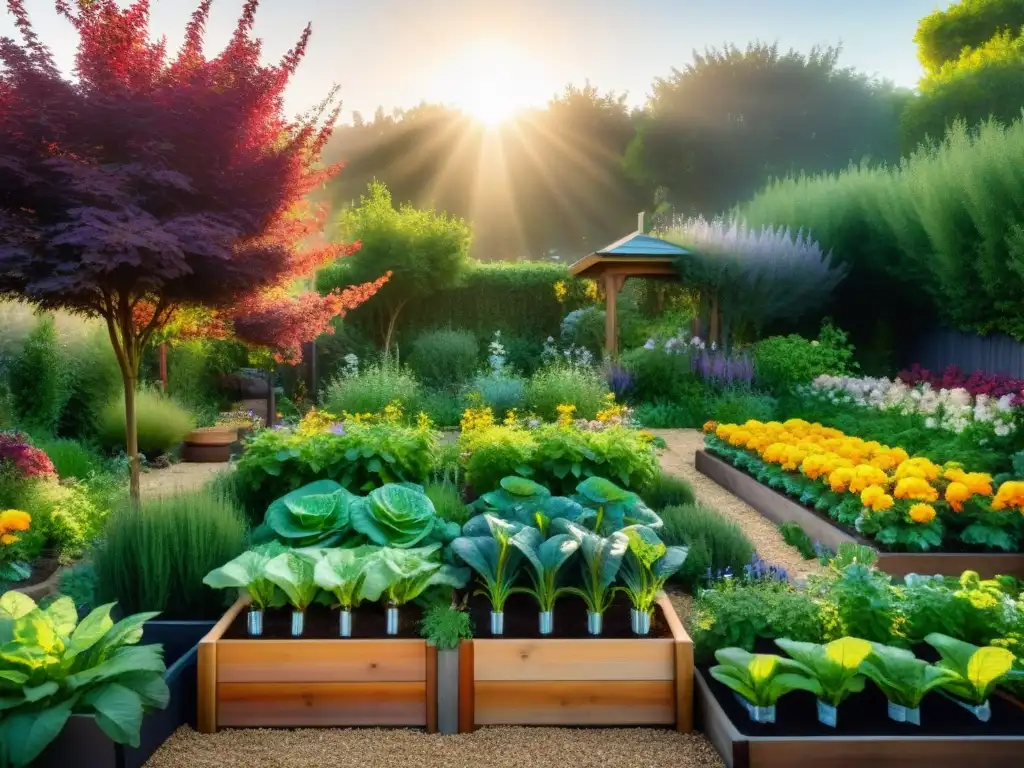 Un jardín compacto sostenible con huertos diseñados, rebosante de vida y armonía