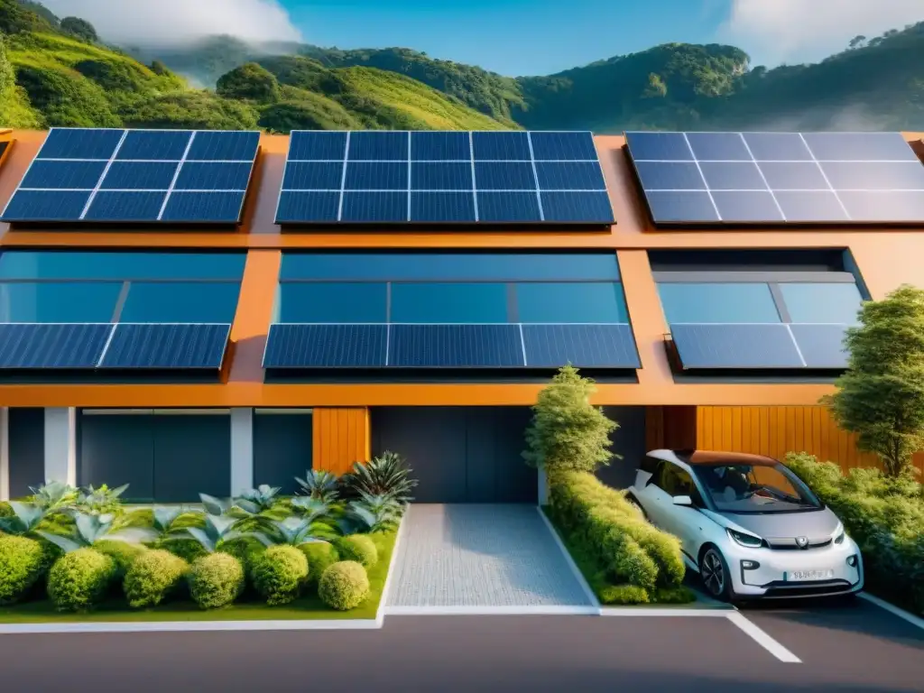 Un complejo arquitectónico moderno y sostenible con paneles solares, vegetación integrada y vehículos eléctricos