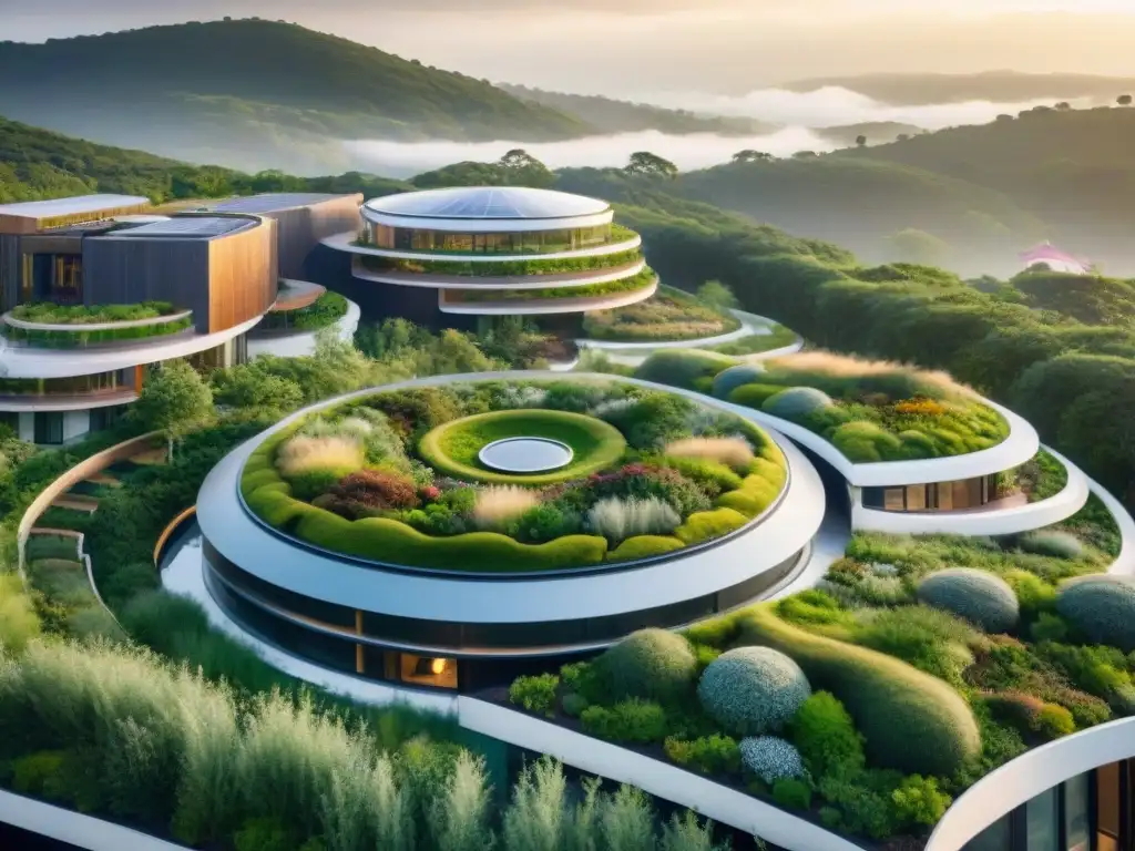 Un complejo arquitectónico sostenible con diseño circular: edificios verdes, jardines verticales, techos solares y paisajes naturales