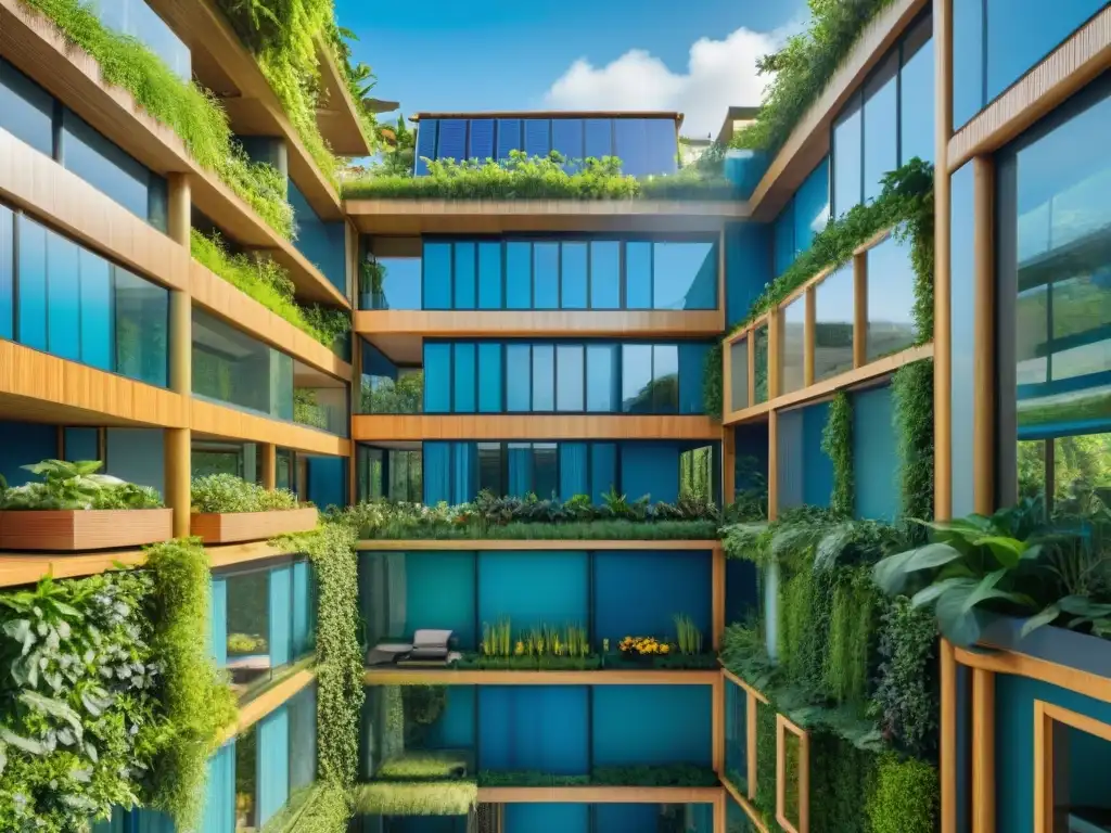 Un complejo arquitectónico sostenible y futurista rodeado de exuberante vegetación y jardines verticales, iluminado por el sol