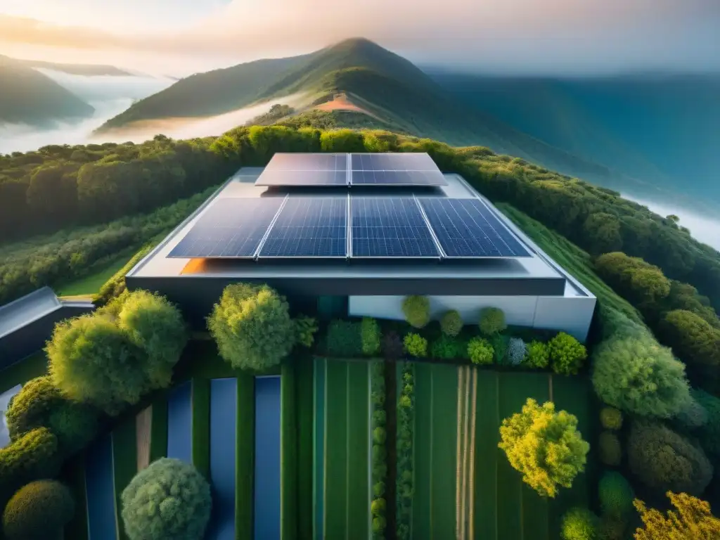 Un complejo arquitectónico sostenible con paneles solares, vegetación integrada y diseño eficiente