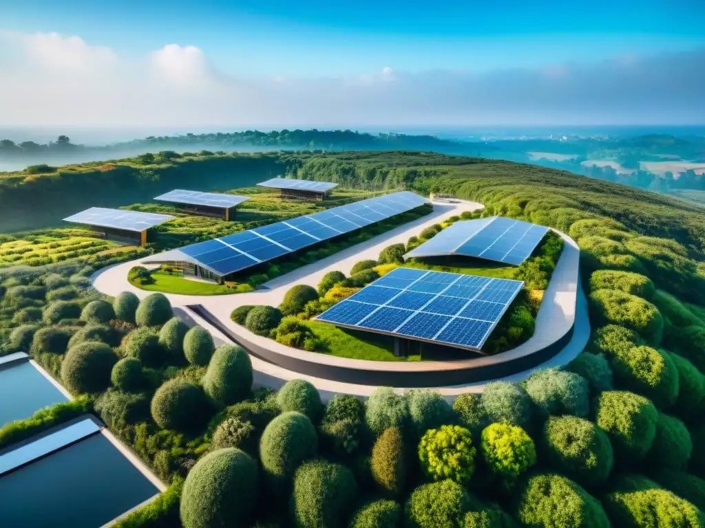 Un complejo arquitectónico sostenible rodeado de naturaleza exuberante, con paneles solares y turbinas eólicas