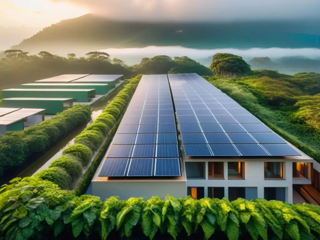 Un complejo de construcción sostenible rodeado de vegetación, con paneles solares, sistemas de recolección de agua de lluvia y espacios verdes integrados, bajo la cálida luz del atardecer