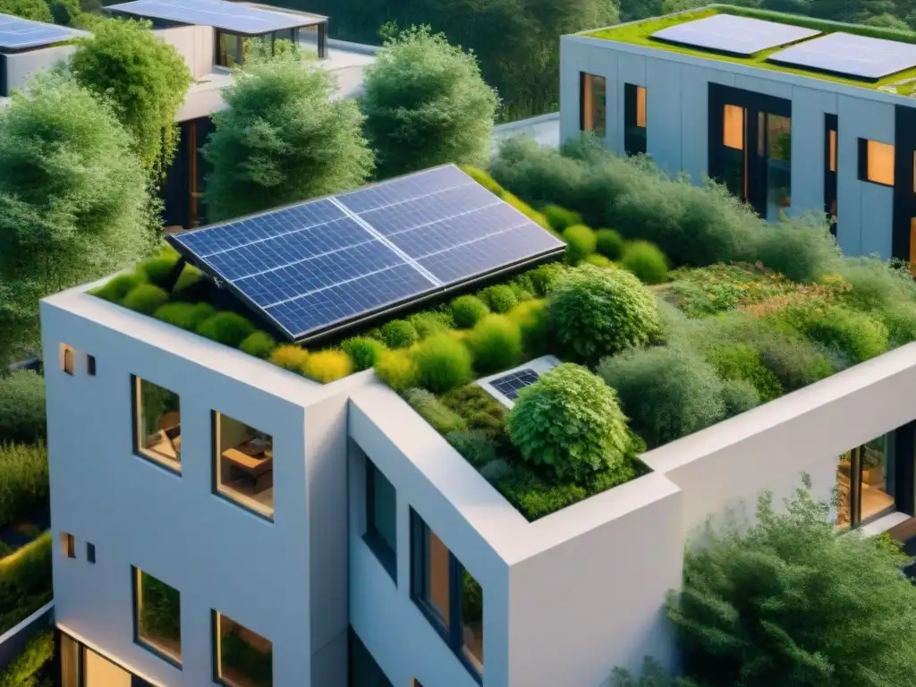 Complejo de construcción sostenible con techos verdes, paneles solares y huella ecológica, rodeado de naturaleza y ciclovías