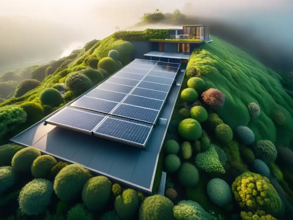 Un complejo EcoHome con arquitectura sostenible respeta planeta: paneles solares, techos verdes y jardines verticales en armonía con la naturaleza