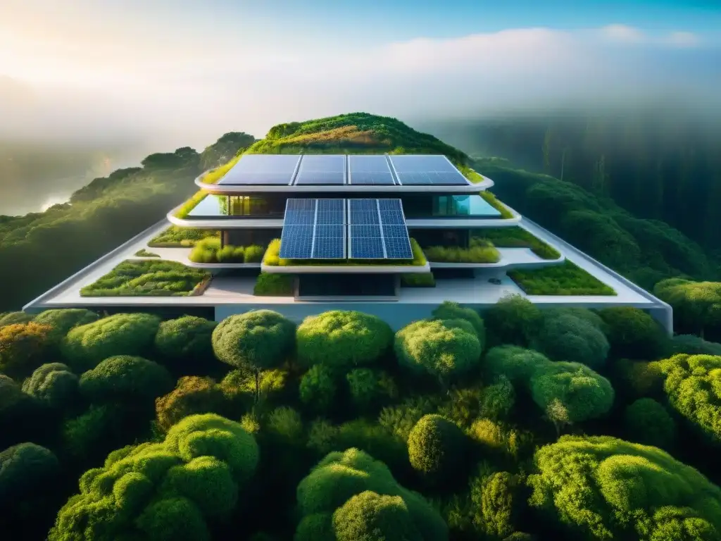 Complejo de edificios ecoamigables con tecnología avanzada integrados en la naturaleza, resaltando eficiencia energética