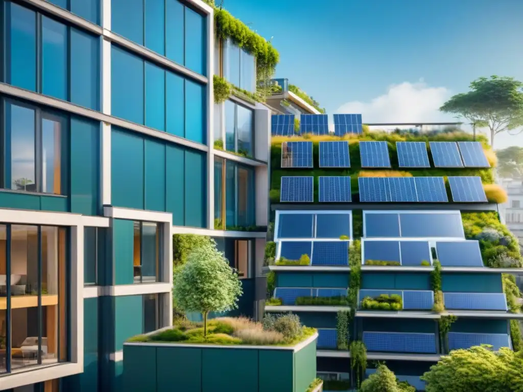 Un complejo de edificios verdes modernos, con paneles solares y techos verdes, rodeado de vegetación