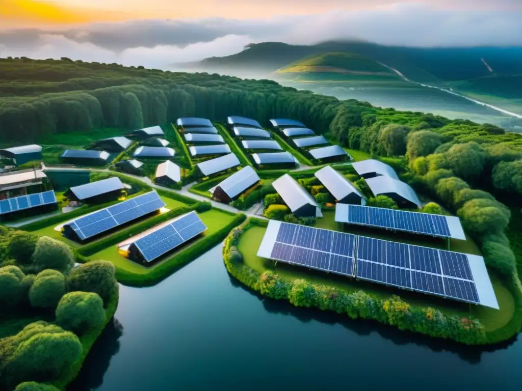 Un complejo habitacional ecológico futurista con integración de blockchain para gestión energética, rodeado de vegetación exuberante al atardecer