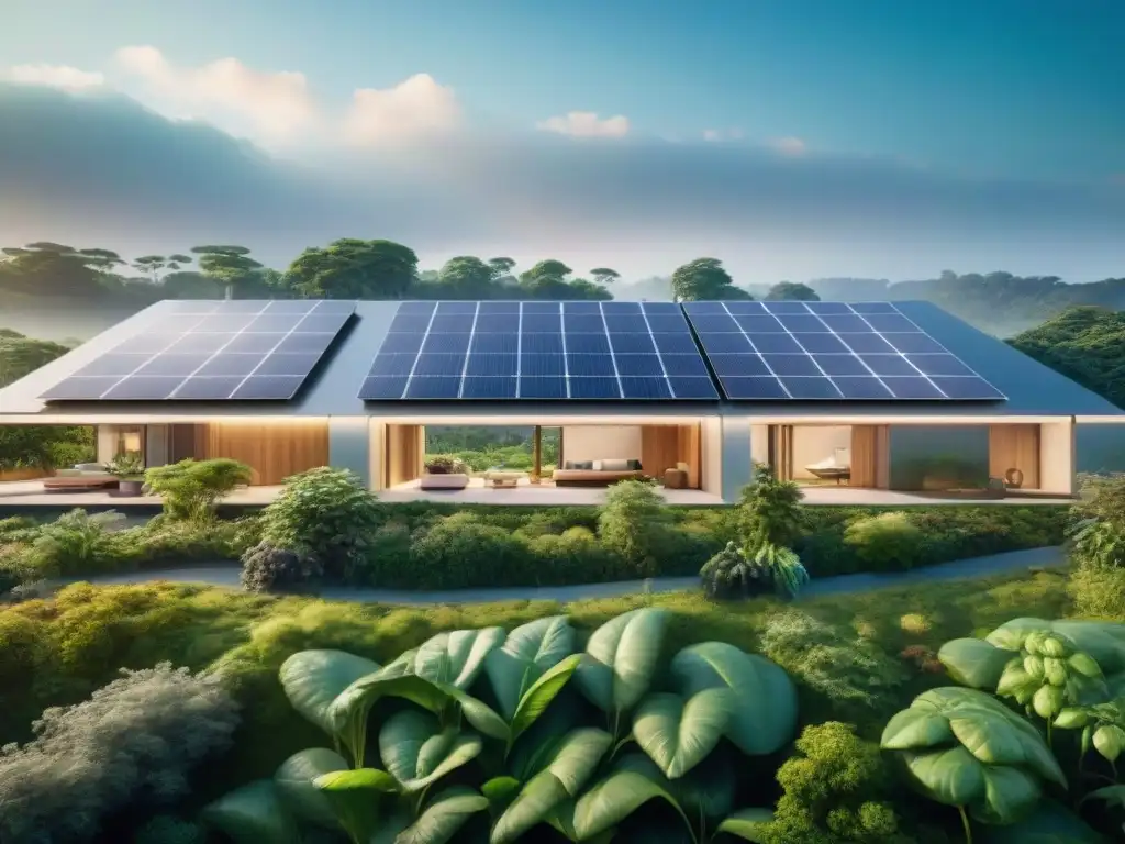 Un complejo habitacional futurista sostenible al anochecer con paneles solares integrados y naturaleza exuberante