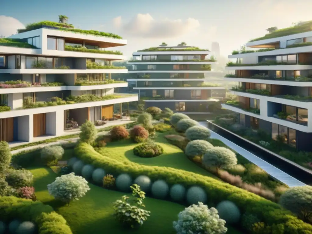 Complejo habitacional sostenible futurista con tecnologías emergentes, techos verdes y residentes comprometidos con el medio ambiente