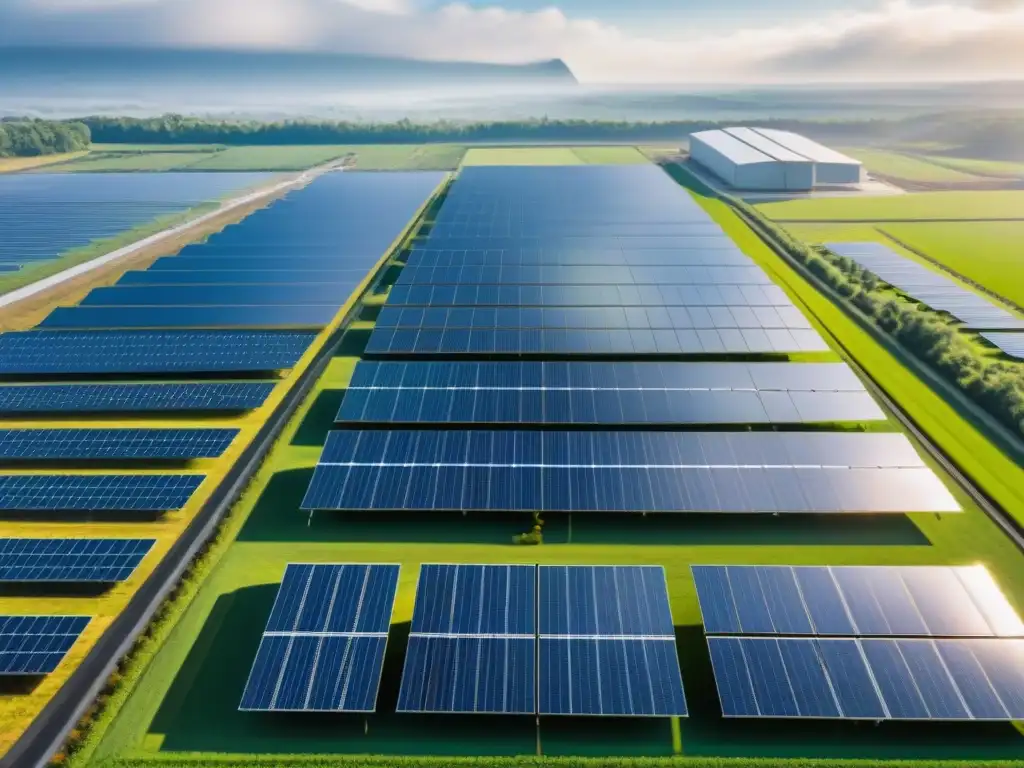 Un complejo industrial con paneles solares brillantes, empresas reducen huella con solar