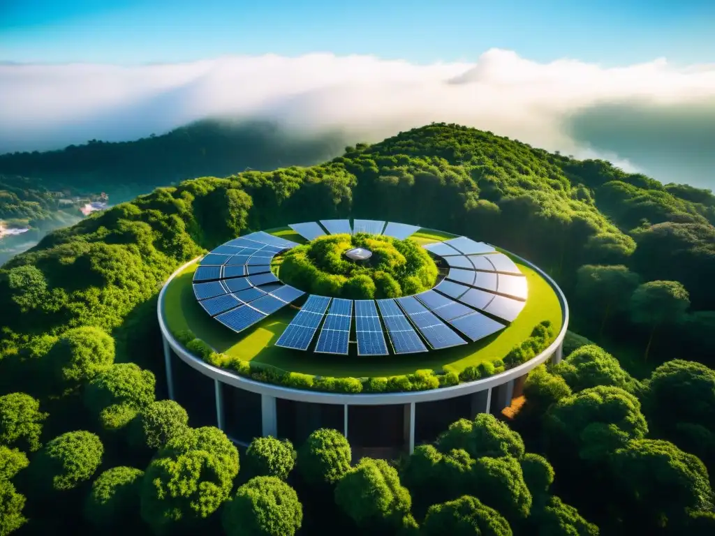 Complejo moderno ecoamigable con paneles solares brillando en tejados, rodeado de naturaleza exuberante