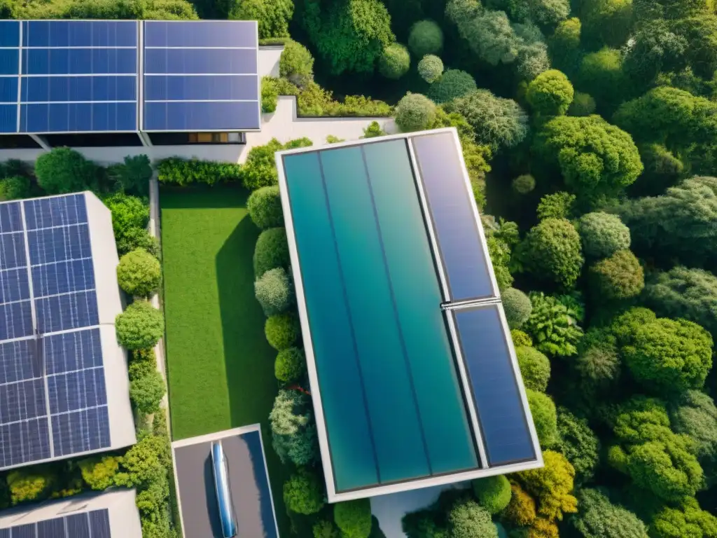 Complejo moderno sostenible con paneles solares, estacionamiento eléctrico y vegetación