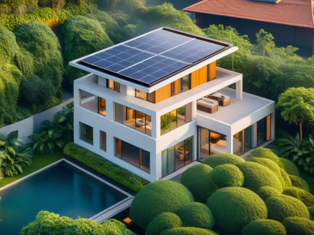 Un complejo moderno y sostenible rodeado de vegetación, paneles solares y certificaciones sostenibles en inmobiliario