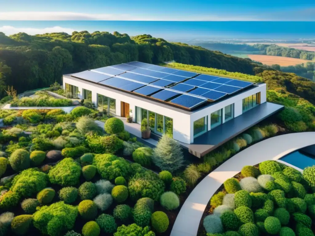 Complejo moderno sostenible con techos verdes, paneles solares y luz cálida, rodeado de naturaleza