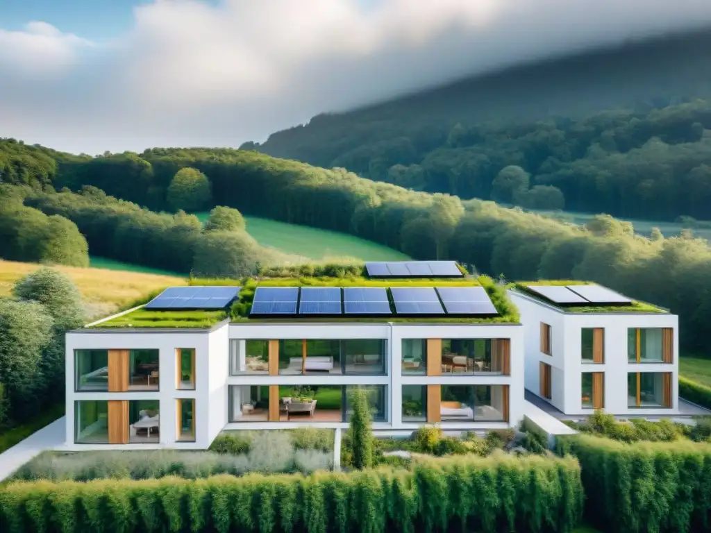 Un complejo residencial moderno con Certificaciones PASSIVHAUS en arquitectura, integrando diseño sostenible y naturaleza