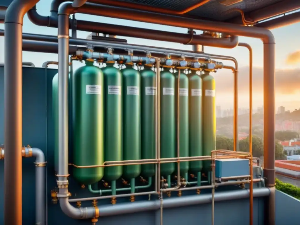 Reciclaje de aguas grises en edificio comercial Complejo sistema de tuberías y filtros para manejo de aguas grises sostenible en edificio comercial, con tanques y monitoreo, en ambiente urbano