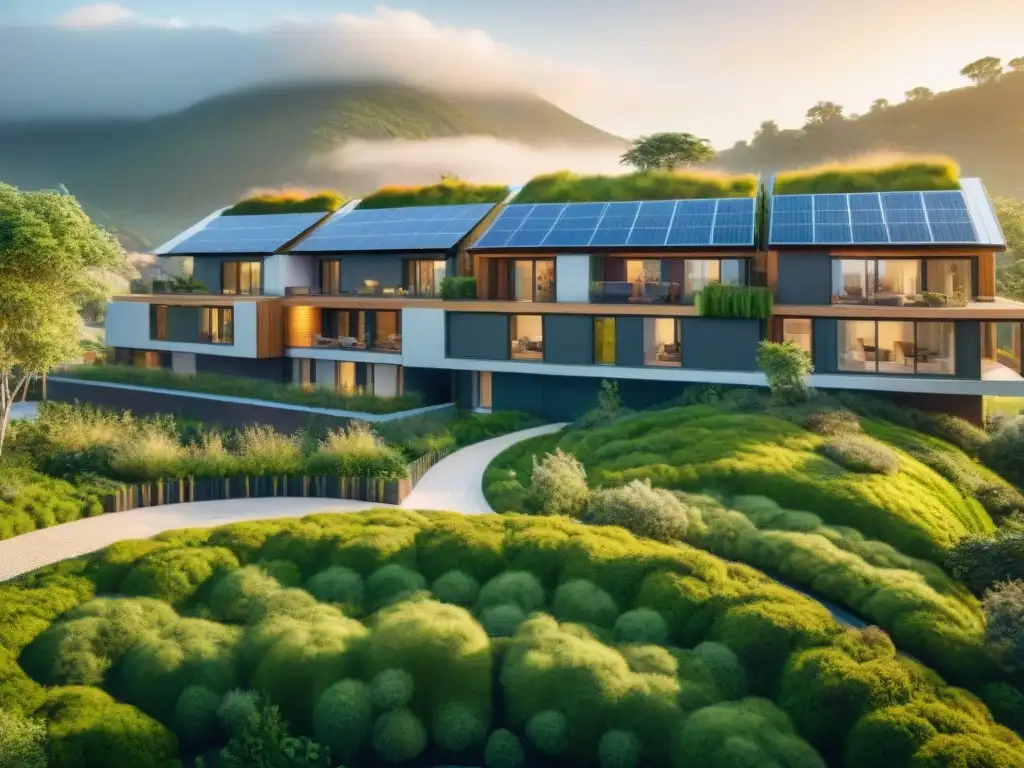 Un complejo de viviendas sostenibles del futuro con diseño innovador y áreas verdes, familias disfrutando y niños jugando en un ambiente armonioso