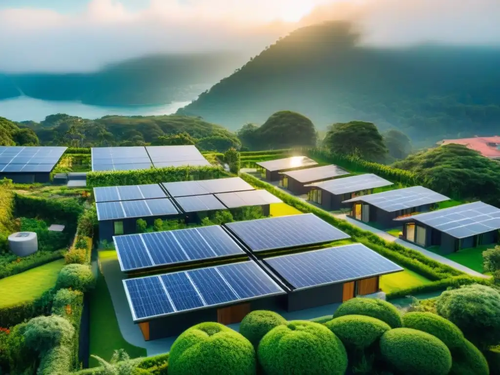 Un complejo de viviendas sostenibles con paneles solares y áreas verdes, donde las familias disfrutan de un estilo de vida ecológico