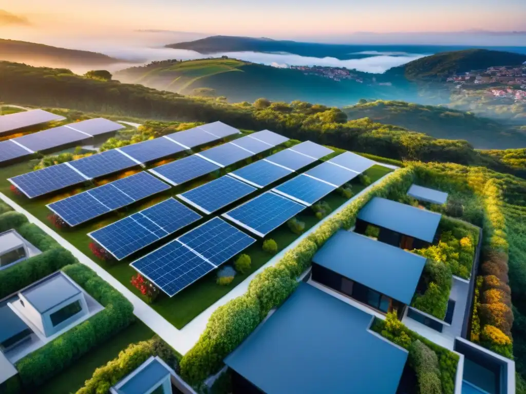 Un complejo de viviendas verdes con paneles solares, jardines en los techos y sistemas de ahorro de agua, en armonía con la naturaleza al atardecer